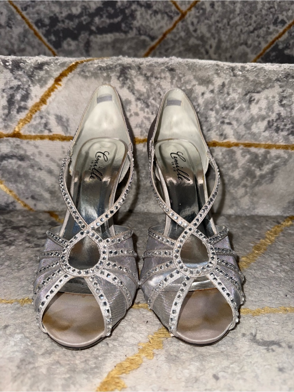 Camilla Silver Rhinestone Strappy Peep-Toe Heels